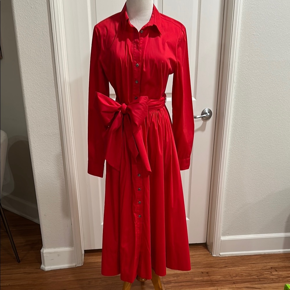 1901 Red Long Sleeve Midi Shirt Dress
